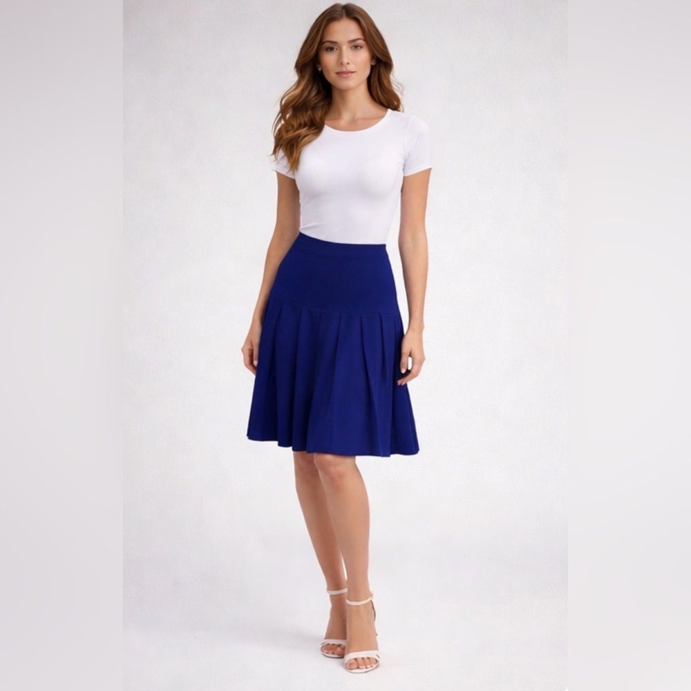 ST. JOHN Collection By Marie Gray Drop Waist Pleat Royal Blue Knit Wool Skirt 10